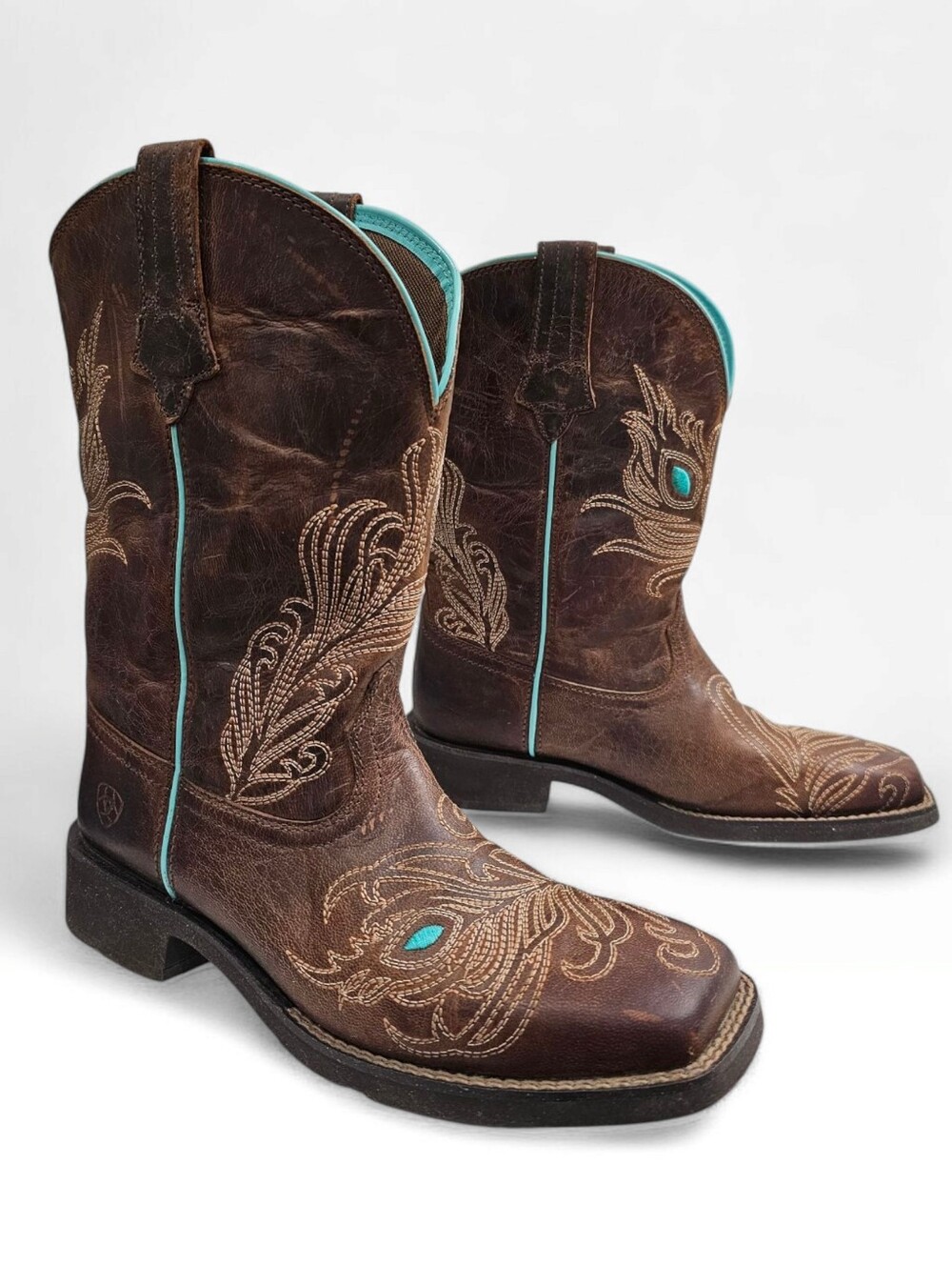 ARIAT Bright Eyes II Women Square Toe Brown Leather Teal Trim Western Boots 8B